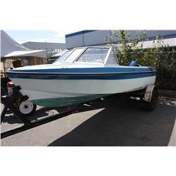 GLASS BAR BOAT WITH TRAILER AND EVINRUDE OUTBOARD HUSTLER MOTOR