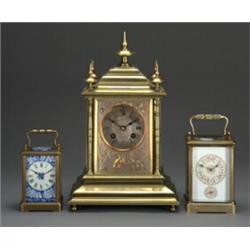 Late 19th Century French brass cased carriage clock by Drocourt having blue and white painted fol...