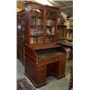 Image 1 : George III mahogany tambour front double pedestal kneehole desk with bookcase top having a moulde...