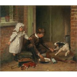 G. Augustus Holmes - Oil on board entitled 'The Doctor' - A boy with young girl attending to a te...