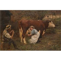 Hamilton Jay - Late 19th Century oil on canvas - Farmyard scene with a milkmaid milking a cow and...