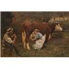 Image 1 : Hamilton Jay - Late 19th Century oil on canvas - Farmyard scene with a milkmaid milking a cow and...