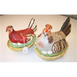 19th Century Staffordshire pottery bowl formed as a hen upon a nest decorated in iron red, pale y...