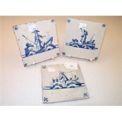 Three various English 18th Century Delft tiles decorated with anglers in landscape, 13cms square...