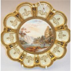 Royal Crown Derby cabinet plate having a petal shaped border with applied beading in gilt and cre...