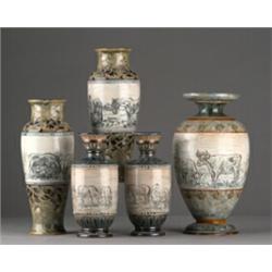 Pair of Royal Doulton vases with decoration of horses in landscape by Hannah Barlow, 28cms high -...