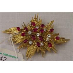 George Weil 18ct gold and platinum ruby and diamond set brooch, signed Est.: £1000 - £1250...