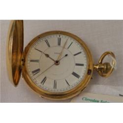 19th Century 18ct gold cased full hunter top wind pocket watch with stop watch mechanism, the mov...