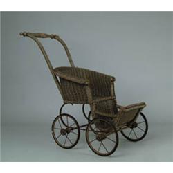 SMALL DOLL WICKER STROLLER.