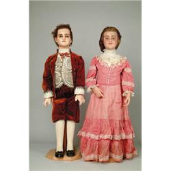 TWO LARGE 37" GLASS EYED WAX MANNEQUIN DOLLS.
