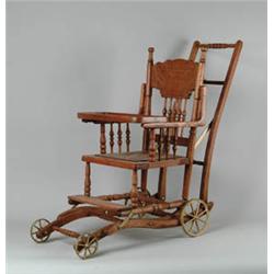 CHILD'S OAK COMBINATION HIGH CHAIR AND ROCKING CHAIR.