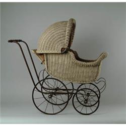 FINE WICKER ROLLED EDGE DOLL CARRIAGE BY THE F.A. WHITNEY CARRIAGE CO. LEOMINSTER MASS. 