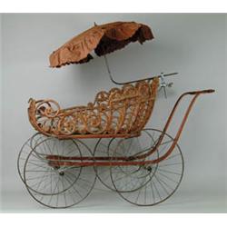 GOOD WICKER AND RATTAN WRAPPED BABY CARRIAGE WITH ATTACHED PARASOL.