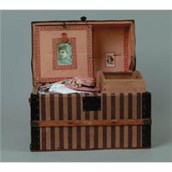 STRIPED CANVAS ON WOOD DOMED TOP TRUNK WITH TRAY & BIN.