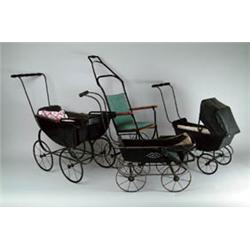 LOT CONSISTING OF THREE OLD WIRE AND WOOD DOLL CARRIAGES AND A WIRE AND WOOD STROLLER.  