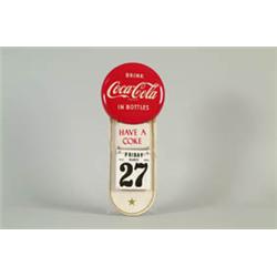 COCA-COLA BUTTON TOP METAL AND PAPER PERPETUAL CALENDAR.