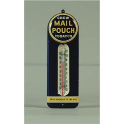 SMALL ENAMEL TIN LITHO MAIL POUCH TOBACCO THERMOMETER.
