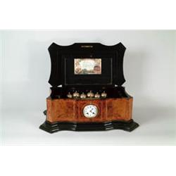 11" CYLINDER MUSIC BOX WITH CLOCK & 6 BELLS.