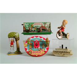 LOT OF 5 AMERICAN TIN W/UP TOYS.