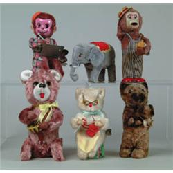 LOT OF SIX PLUSH/TIN W/UP ANIMAL TOYS. 