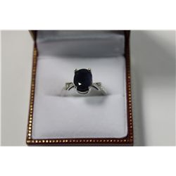 LADIES 14 KT. WHITE GOLD NATURAL BLACK-BLUE SAPPHIRE & DIAMOND DRESS RING.  BEAD SET WITH