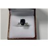 Image 1 : LADIES 14 KT. WHITE GOLD NATURAL BLACK-BLUE SAPPHIRE & DIAMOND DRESS RING.  BEAD SET WITH