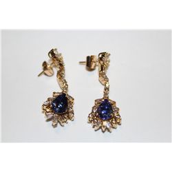 14 KT. YELLOW GOLD EARRINGS.  SET WITH 2 PEAR SHAPED NATURAL TANZANITES APPROX. 3.0 CARATS & 2 PEAR