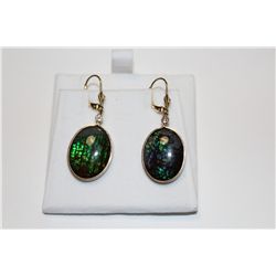 PAIR IF 14 KT. YELLOW GOLD & GOLD PLATED STERLING SILVER DANGLING AMMOLITE & DIAMOND EARRINGS.