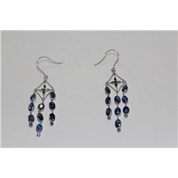 14 KT. WHITE GOLD DANGLING NATURAL BLUE SAPPHIRE & DIAMOND EARRINGS.