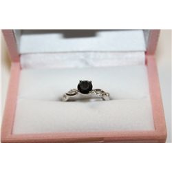 LADIES 14 KT. WHITE GOLD BLACK AND NEAR COLOURLESS DIAMOND DRESS RING.  SET WITH 18