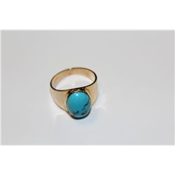 14KT. YELLOW GOLD NATURAL TURQUOISE GENTS OR LADIES DRESS RING.  BEZEL SET WITH