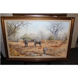 YVAN DUSHMANITCH, "ELEPHANT, KUDU, IMPALA AT WATERHOLE" OIL ON CANVAS, SIGNED LOWER LEFT