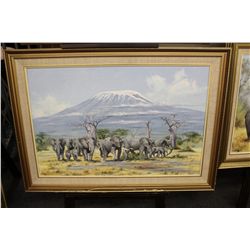 YVAN DUSHMANITCH, "ELEPHANTS AT MT. KILLAMANJARO" OIL ON CANVAS, SIGNED LOWER LEFT 36" W X 24" H