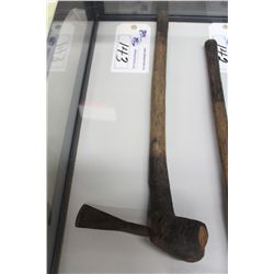 ANTIQUE WOODEN HANDLE METAL AXE 17  LONG