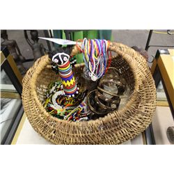 BASKET CONTAINING DOZENS OF RATTAN AND BEADED BRACELETS