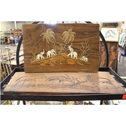 PAIR OF INLAID WOODEN PLAQUES- ELEPHANTS AND ORYX