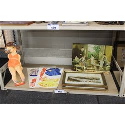 SHELF LOT OF ASSORTED ANTIQUE DOLL ADVERTISING AND ARTWORK