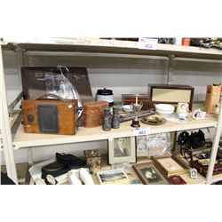 SHELF LOT OF ASSORTED ANTIQUE RADIO, BINOCULARS, PAULSON TIME MICROMETER, AND MORE!