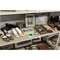 SHELF LOT OF ASSORTED ANTIQUE HIGH HEELS, FRAMED PHOTOS, SEASHELL BOX AND MORE!