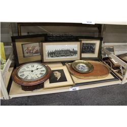 SHELF LOT OF ASSORTED ANTIQUE CLOCK, FRAMED PHOTOS AND MORE!