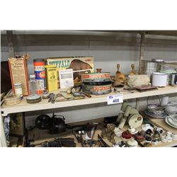 SHELF LOT OF ASSORTED ANTIQUES: ADVERTISING, RAZORS, STAMP PADS AND MORE!