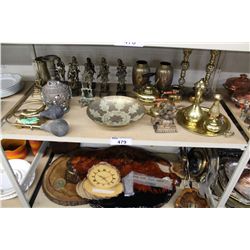 SHELF LOT OF BRASS TEA POTS, INDIAN DANCERS, VASE AND MORE!