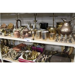 SHELF LOT OF BRASS SERVING DISHES, INSTRUMENTS AND MORE!