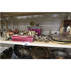 SHELF LOT OF BRASS FIGURINES, SERVING DISHES AND MIRRORS