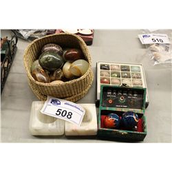 COLLECTION OF 37 STONE EGGS, 2 STONE ASHTRAYS AND CHINESE HEALTH BALLS