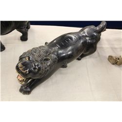 HAND CARVED EBONY LION W/ BONE TEETH, 20'' L