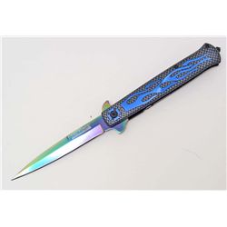 BLUE FLAMING CHOPPER STILETTO STYLE SPRING ASSIST KNIFE
