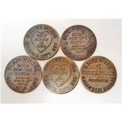 VINTAGE LOT OF 5 BRASS BROTHEL TOKENS