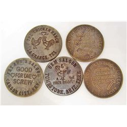 VINTAGE LOT OF 5 BRASS BROTHEL TOKENS