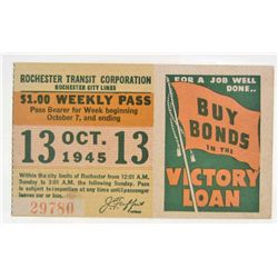 WW2 ERA 1945 ROCHESTER TRANSIT TICKET WITH BOND AD